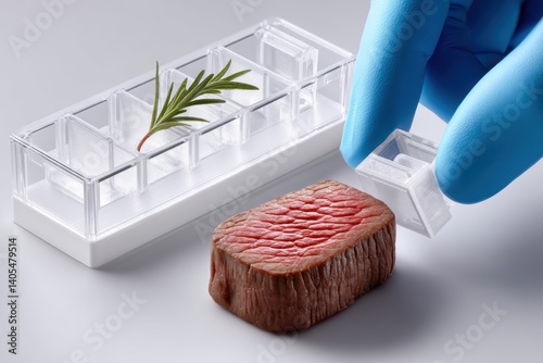 Chef plating a freshly cooked 3D-printed plant-based meat cut, grilled to perfection, indistinguishable from traditional beef steak., copy space for text - special juicy delicious