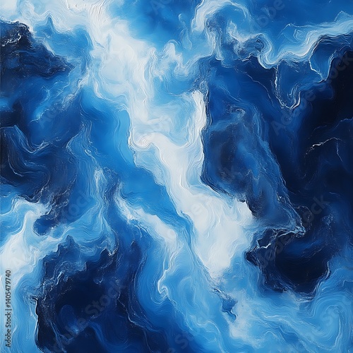 Abstract swirling blue and white marble texture.