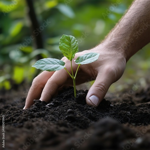 Planting new beginnings nurturing a seedling in a lush garden close-up nature growth