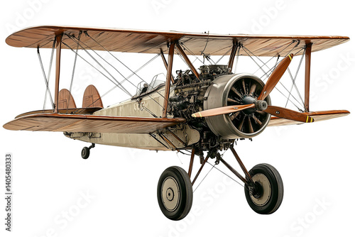 Classic biplane with wooden propellers and canvas body shows vintage charm against a transparent background