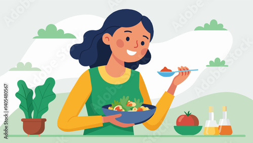 A woman savors a bowl of quinoa and vegetable stirfry feeling proud of her commitment to incorporating more plantbased meals into her diet.. Vector illustration