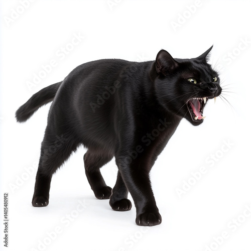 A hissing black cat with arched back and bared teeth