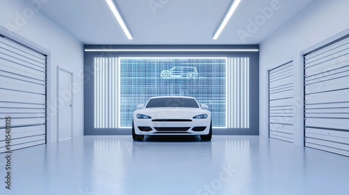 Innovative car design showcase modern garage digital art sleek environment front view automotive technology
