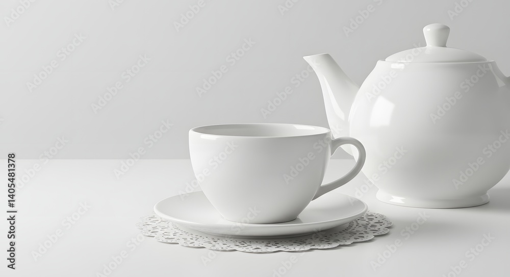 Still life of a white teacup and saucer with a teapot on a white surface in soft light Still life of a white teacup and saucer with a teapot on a white surface in soft light