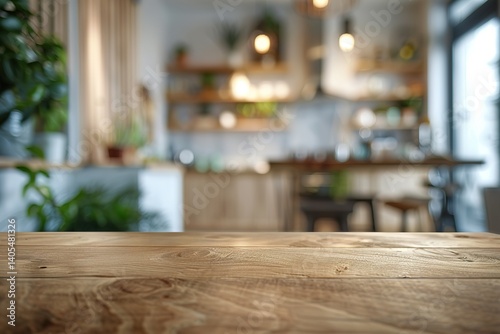 Wooden tabletop with a blurred backdrop of an open-concept kitchen and dining space