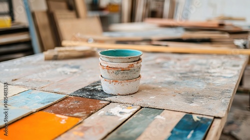 Creative workshop action paint and materials showcase studio environment artistic focus vibrant palette