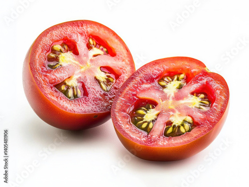 An appetizing fresh tomato split in half on a white background. Generative AI.