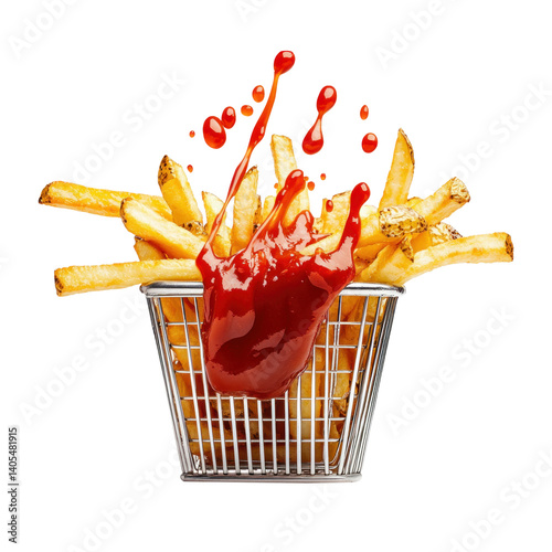 Aluminum basket with a portion of fries and ketchup. Cut out. Transparent background. Generative AI.