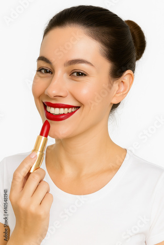 Smiling woman with dark hair pulled back and applying red lipstick on a white background. Generative AI.
