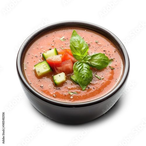 Black porcelain bowl with gazpacho and chunks of cucumber, tomato, and basil. Generative AI.