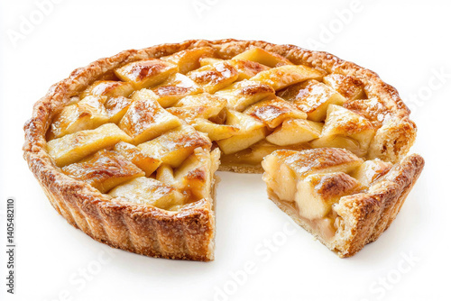 Delicious homemade apple pie with a slice separated on a white background. Generative AI.