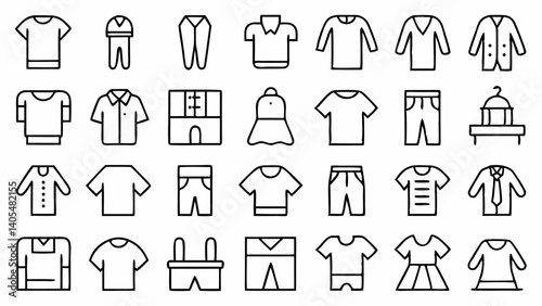 Collection of outline icons related to clothes featuring linear fashion elements perfect for garment store apps branding and digital textile interfaces
