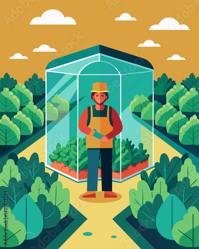 A worker stands in a sterile and mechanized glasshouse surrounded by acres of perfectly planted lettuce. The excess yield will be discarded and left to rot due to an oversaturated. Vector illustration