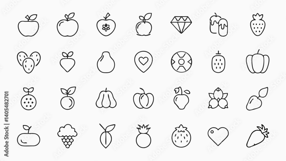 Fototapeta premium Collection of fresh produce icons in minimalist line art ideal for recipe websites healthy eating platforms and grocery delivery applications