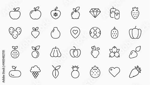 Collection of fresh produce icons in minimalist line art ideal for recipe websites healthy eating platforms and grocery delivery applications