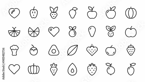 Healthy food inspired outline icons crafted for vegetarian blogs natural food e commerce sites and wellness applications