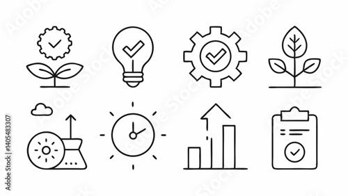 Outline icon set featuring progress and growth indicators suitable for performance tracking, business success metrics, and productivity visualization in reports
