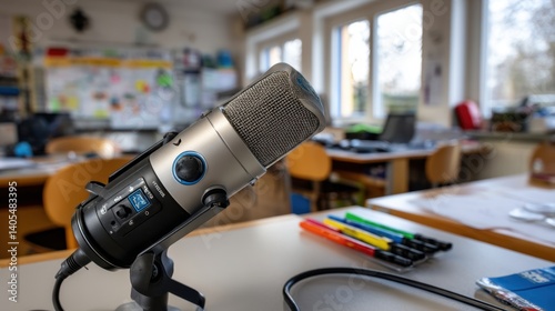 Podcasting Setup in Classroom with Microphone and Colorful Pens on Desk