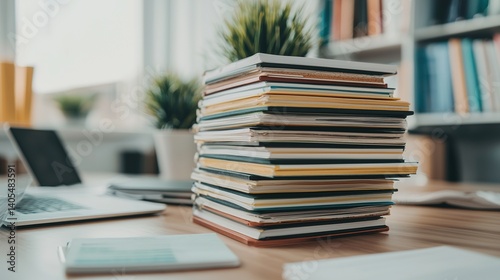 Organizing books and resources in a modern workspace home office desk setup cozy environment top-down view productivity focus