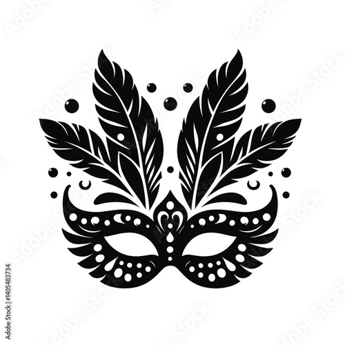 Elegant Black Mask with Feathers and Decorative Elements  on a transparent background