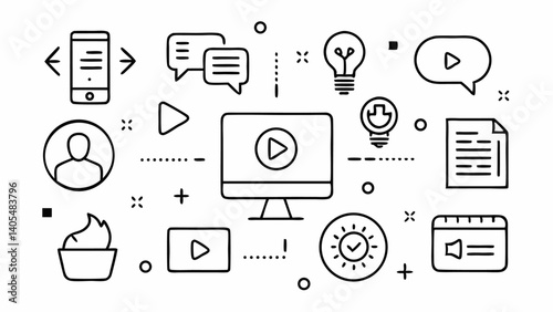 Outline icons showcasing tools and concepts of content creation including writing, editing, and publishing designed for creatives and digital marketers