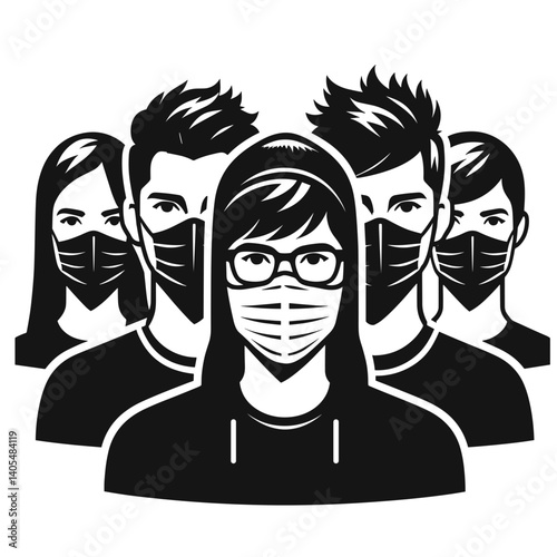 Group of masked individuals representing unity during a pandemic  on a transparent background