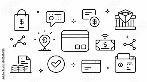 Professional and versatile outline icons representing payment technologies and methods used in banking, ecommerce, and digital finance presentations