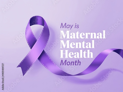 A gentle purple ribbon symbolizes May's Maternal Mental Health Month, a time for support and understanding, with soft lighting and a serene background. photo