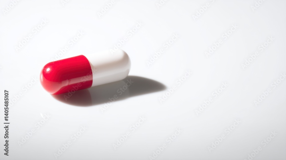 Red and White Capsule Pill on a White Surface in Minimalist Style