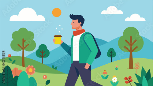 A man takes a break from his busy schedule to go for a walk in nature taking in the sights smells and sounds and connecting with the present moment.. Vector illustration