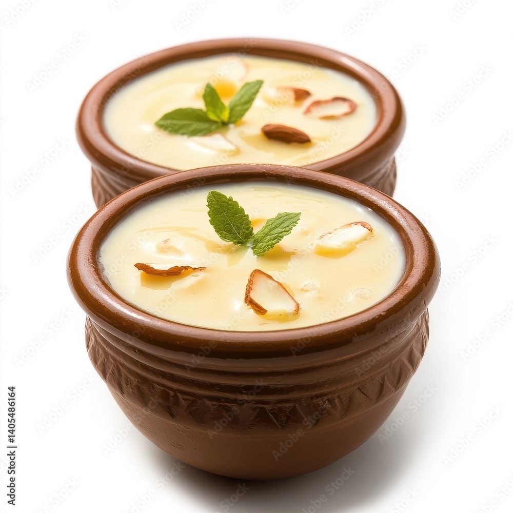 Two bowls of dessert topped with almonds and mint on white surface on transparent background Two bowls of dessert topped with almonds and mint on white surface on transparent background