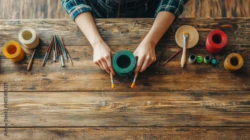 Creative painting session home studio art process rustic environment overhead view diy inspiration