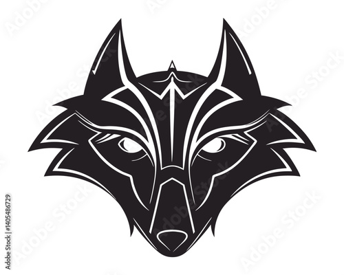 Stylized Black And White Vector Illustration Of A Wolf Head With Fierce Expression