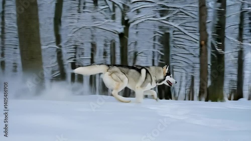 A husky dog dashes through a snowy forest, leaving paw prints in the fresh powder. The tall trees provide a serene backdrop as the dog enjoys the winter day