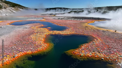 Witness the stunning array of colors and otherworldly landscape at Grand Prismatic Spring in Yellowstone National Park. This natural wonder showcases vibrant hues along the thermal features