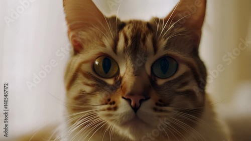 A captivating cat with one yellow and one blue eye plays in a warm, inviting room. The furry companion showcases its distinct features and lively character in a bright atmosphere