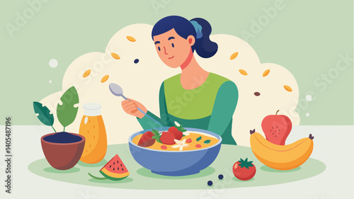 A woman preparing a smoothie bowl filled with a variety of fruits seeds and nuts displaying a dedication to consuming nutrientdense foods.. Vector illustration