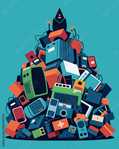 The ewaste pile stretches up and away from me a vast haphazard landscape of wires devices and components each with its own story of obsolescence and neglect.. Vector illustration