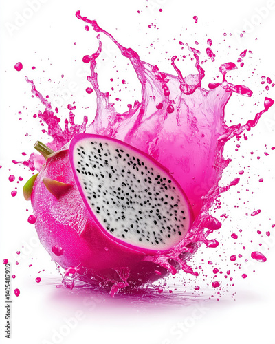 vibrant dragon fruit chunk splashes in vivid pink liquid, isolated on white background, creating dynamic and refreshing visual. fruit speckled interior contrasts with bright splash
