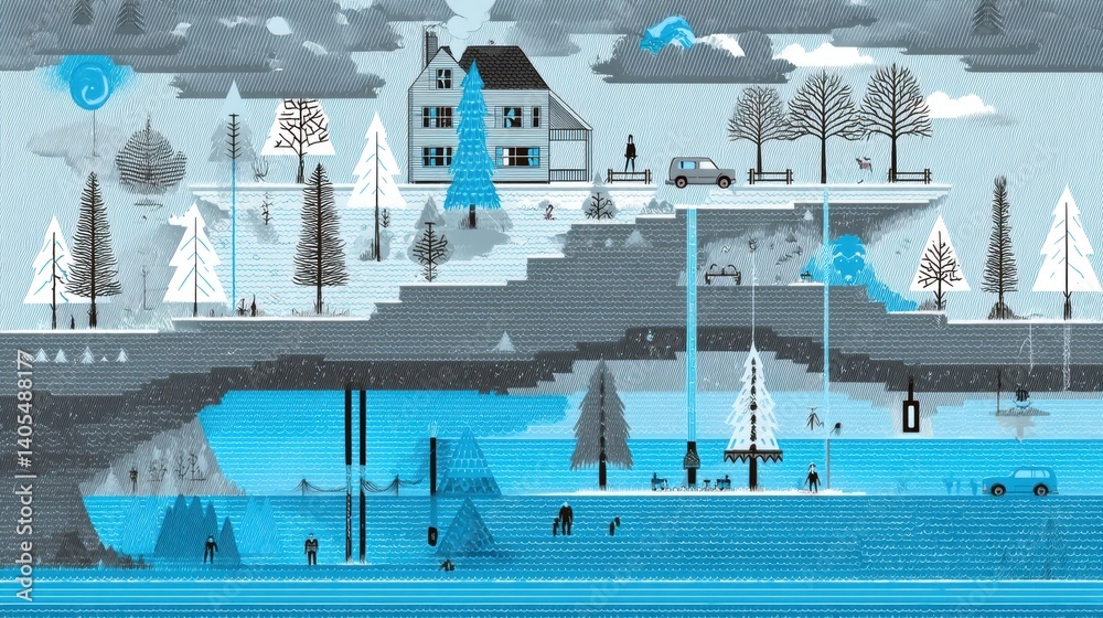 Obraz premium Subterranean World: A Secluded House Above an Underwater Forest