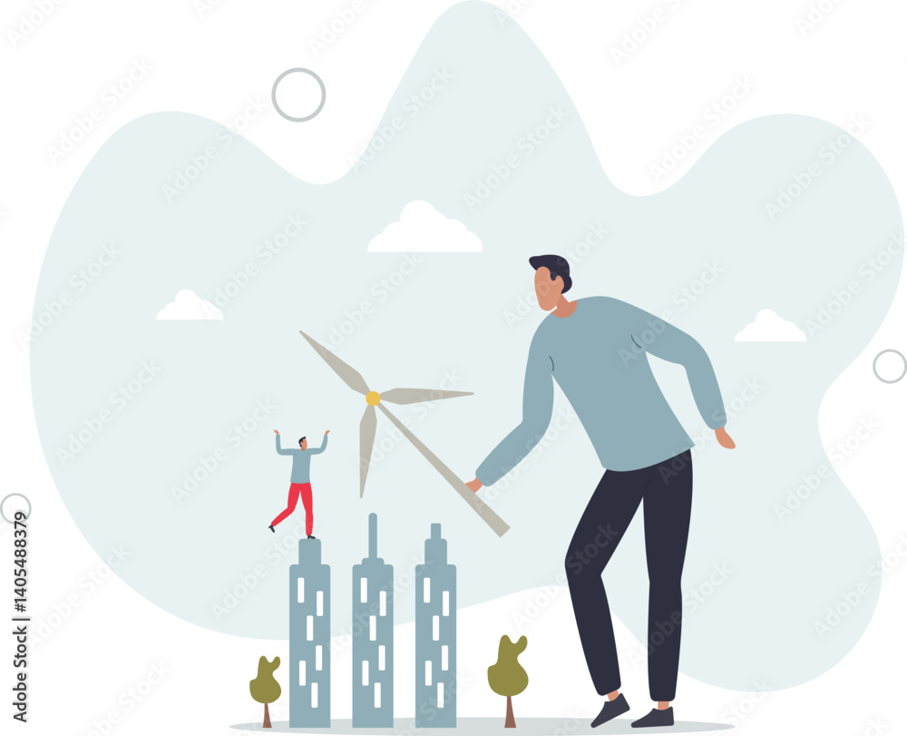 Fototapeta premium Green infrastructure planning with sustainable resources.Urban power supply using wind or solar source as ecological and environmental friendly solutions.flat character life .