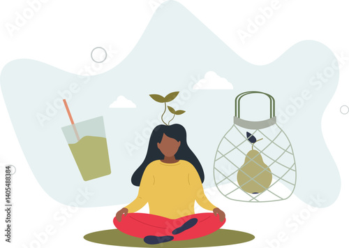 Vegan lifestyle with natural organic food and green thinking .Bio habits in daily life with sustainable resource consumption.flat character life .