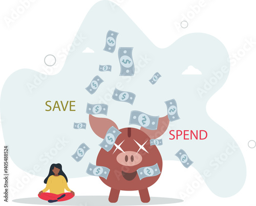 Money decision, save or spend, financial options when receive bonus or extra money, choose to invest or pay off debt concept.flat character life .
