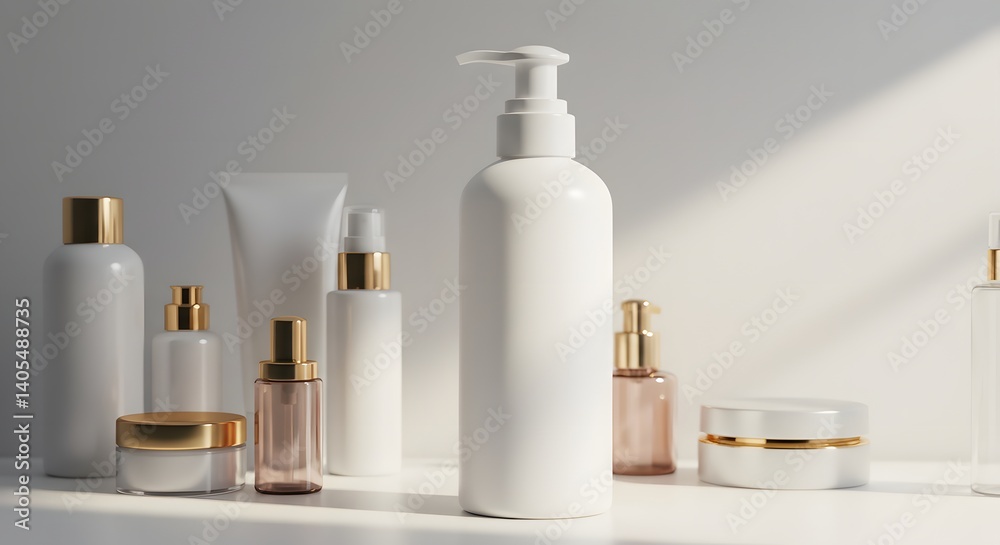 Assortment of white and gold cosmetic bottles and containers on a white surface in soft lighting Assortment of white and gold cosmetic bottles and containers on a white surface in soft lighting