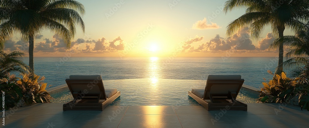 Fototapeta premium Poolside scene with chairs, overlooking ocean at sunset, framed by palms under sky