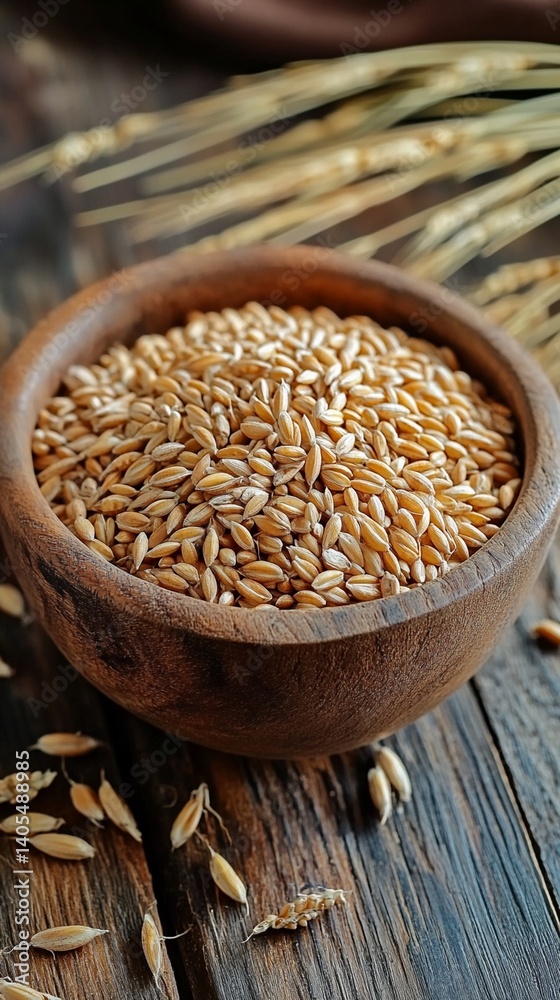 Golden wheat grains fill a rustic wooden bowl, showcasing the rich, warm tones of freshly harvested cereal kernels on a weathered surface.