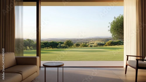 Serene view of a modern living space overlooking a lush green landscape at sunset