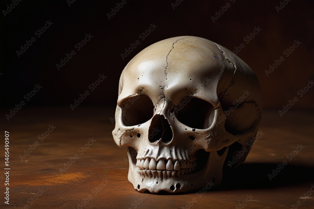 Human Skull on Rustic Wooden Surface - Still Life Photography
