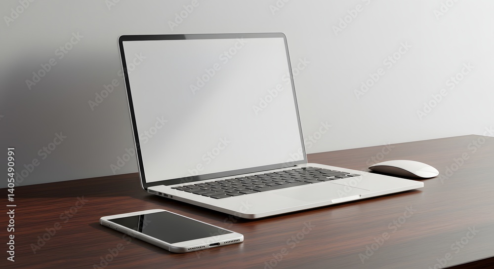 Laptop with blank screen next to a mobile phone and a mouse on a wooden desk against white wall Laptop with blank screen next to a mobile phone and a mouse on a wooden desk against white wall