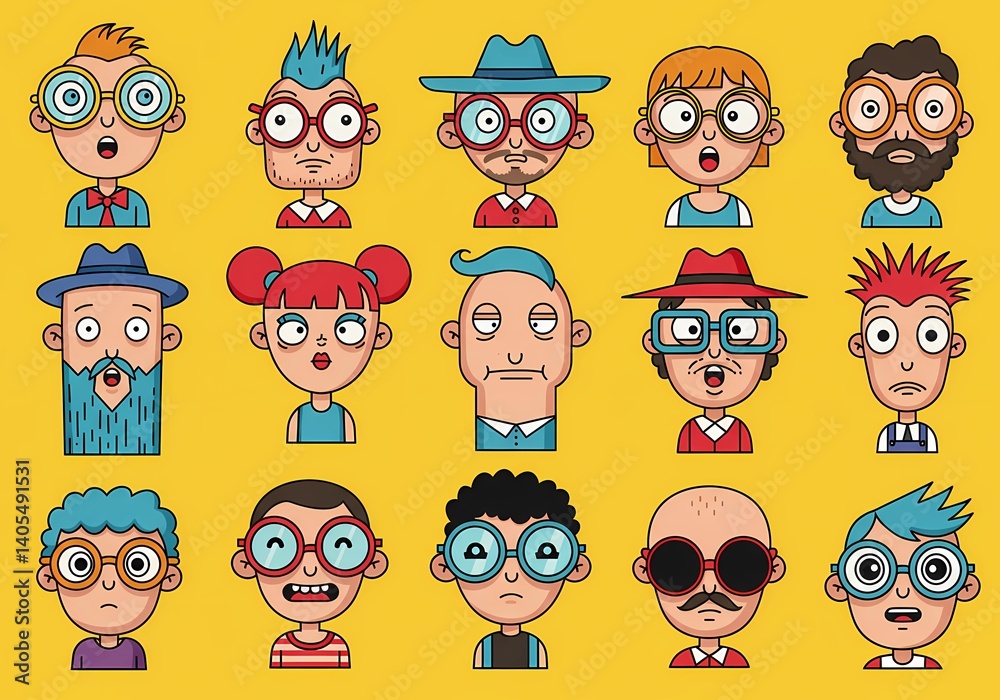 Collection of Quirky Cartoon Characters with Glasses